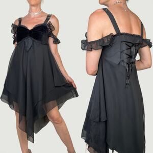 Funhouse gothic corset lace-up midi dress ruffle buckle sleeve‎ whimsigoth goth